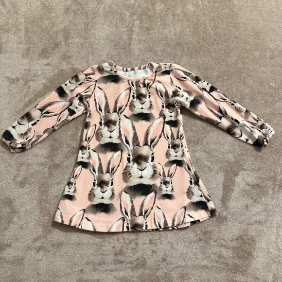 Metsola Other - Metsola Kids Bunny Rabbit Print Organic Cotton Long Sleeve Dress Pink 86/92